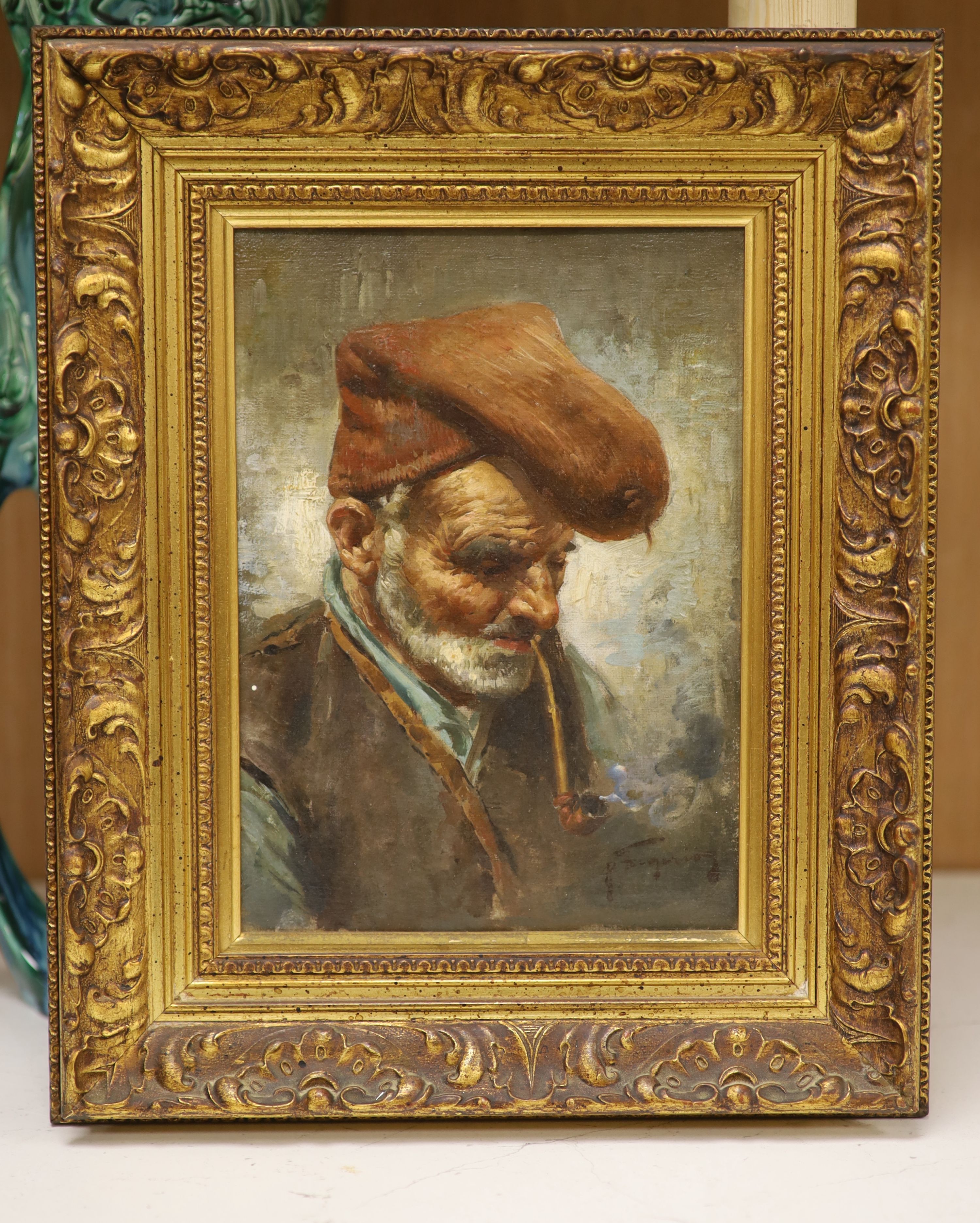 Italian School, oil on canvas, Portrait of a pipe smoker, indistinctly signed, 23 x 16cm